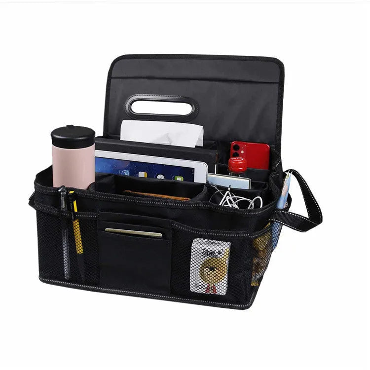 Black oxford cloth car boot storage box organiser measuring 33cm by 33cm by 16cm.