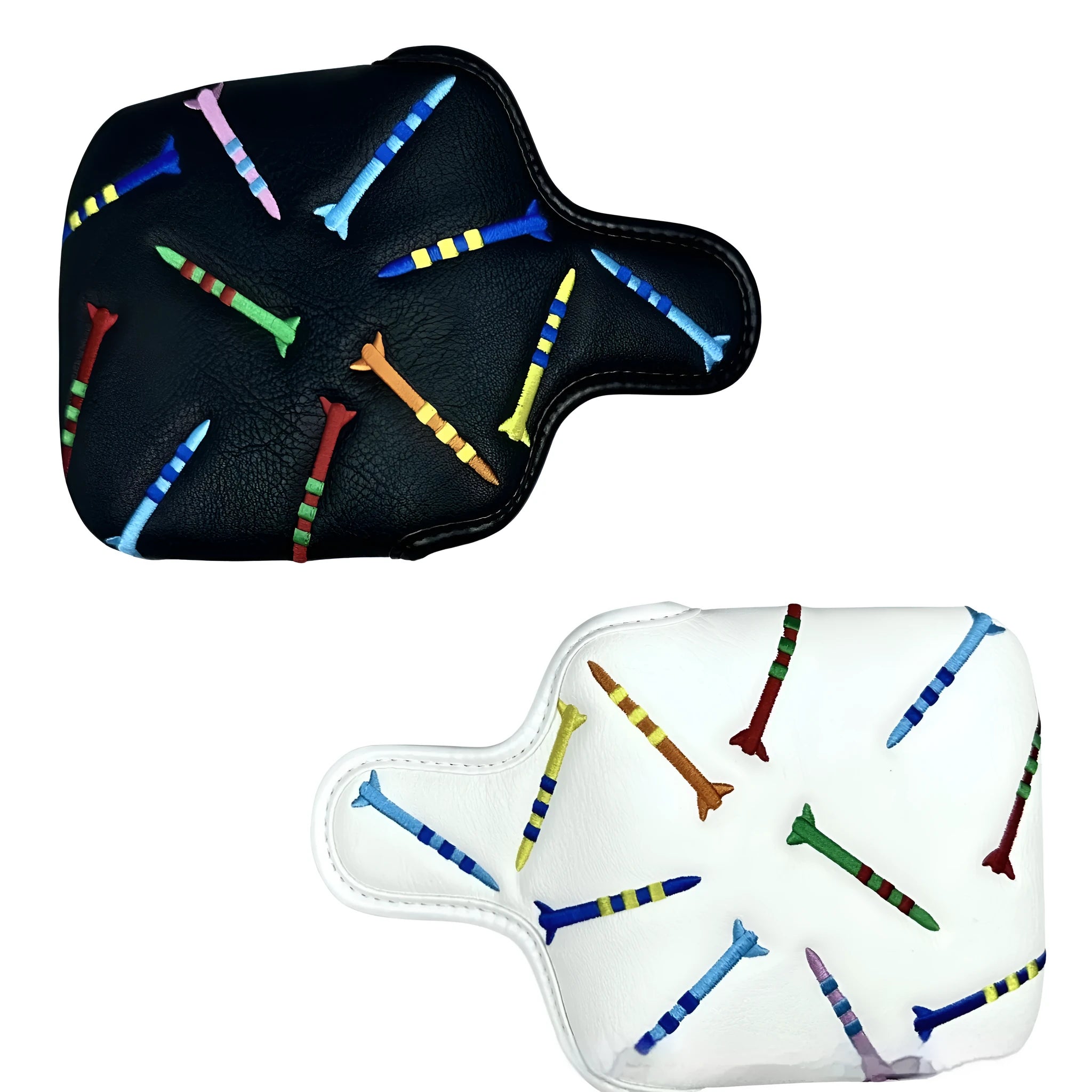Black and white golf putter head protective sleeve with rocket pattern for square putters.