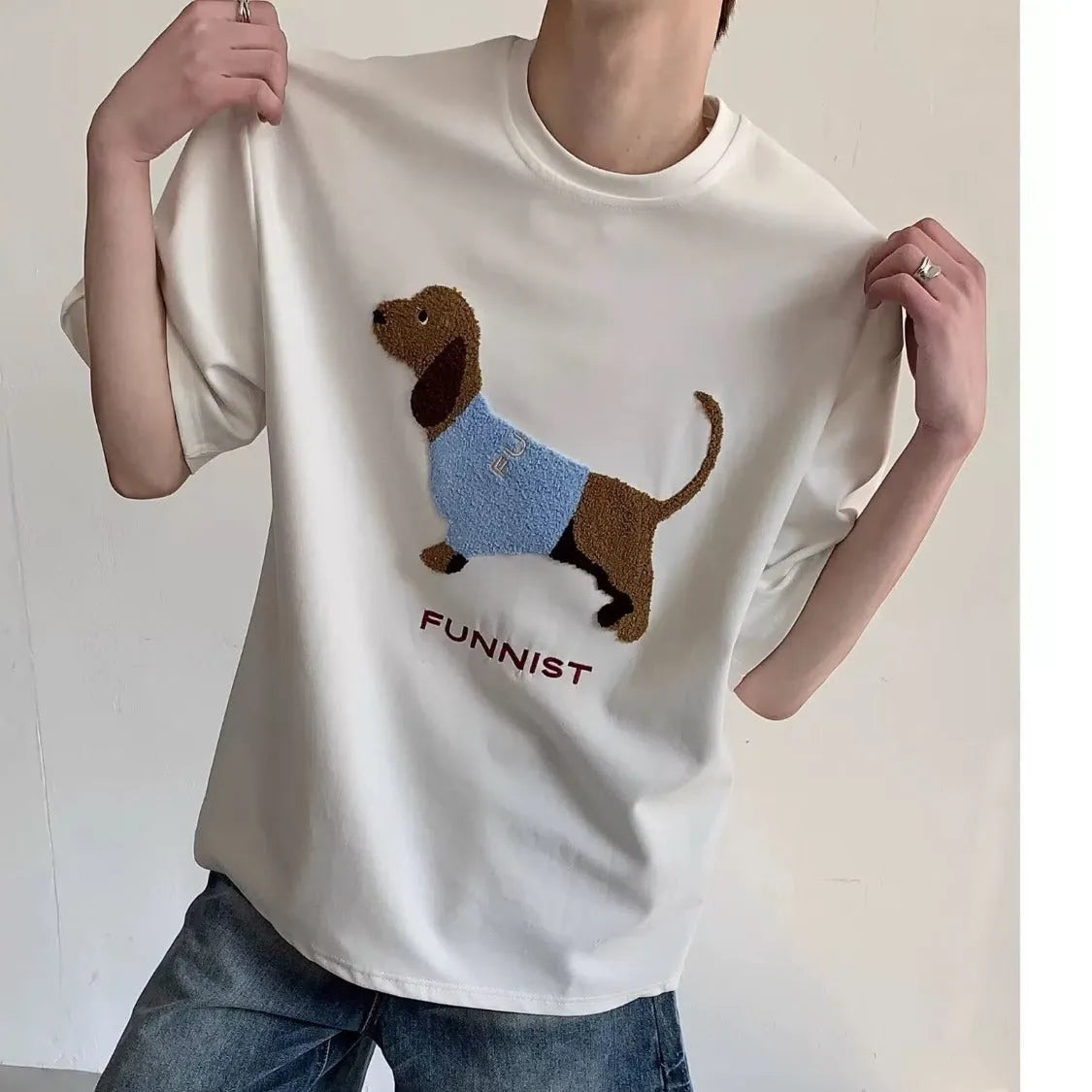 Mens grey cotton T-shirt with embroidered sausage dog towel design on front