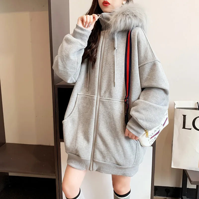 Plus size fleece-lined hooded cardigan sweater in white, grey or black, loose retro style, long sleeves, sizes M L XL