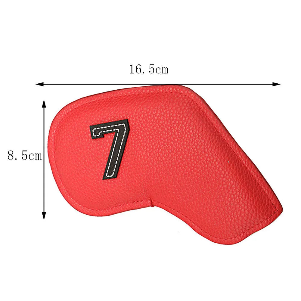 Set of 10 assorted coloured PU leather golf club head covers on a green background.