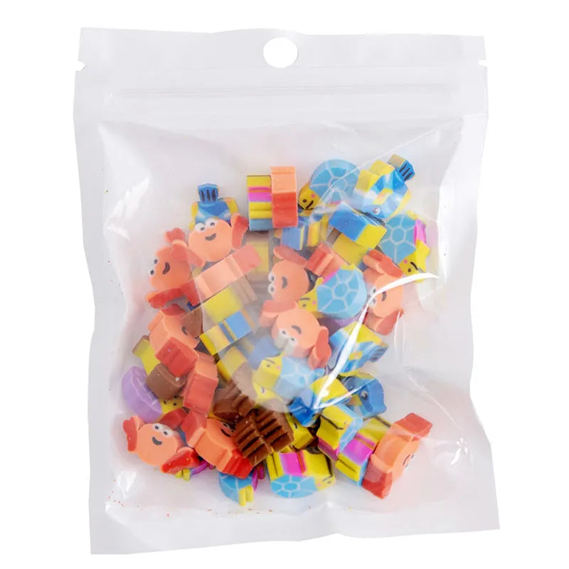 Assortment of 50 small colourful cartoon fruit and animal themed TPR rubber mini erasers.