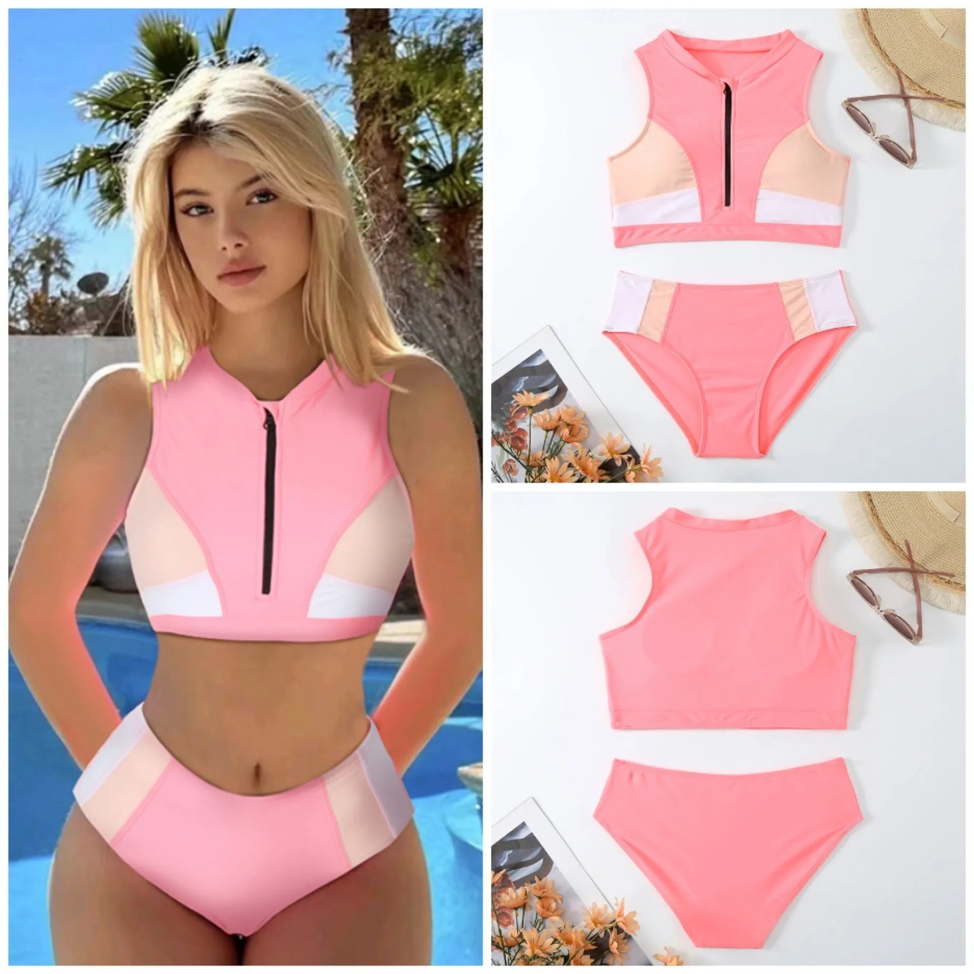 Pink high-waist nylon bikini swimsuit with briefs style and European sizing