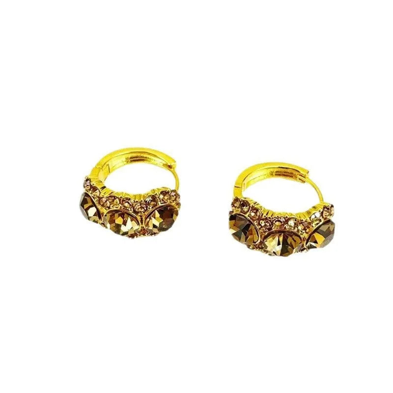 Gold metal hoop earrings with diamond-embedded brown zircon stones, geometric shape, for women