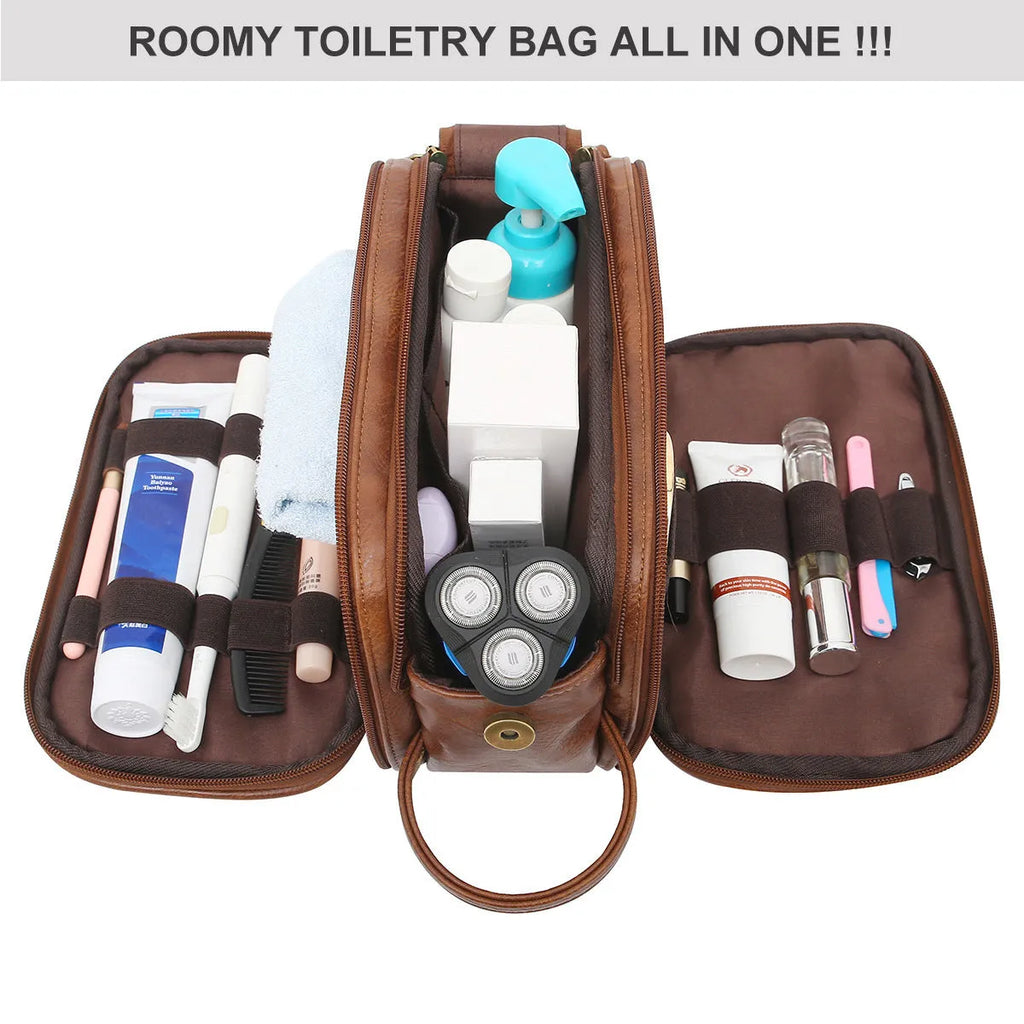 Men's black PU leather toiletry bag for travel storage of cosmetics and grooming products