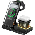 Black wireless charging stand three-in-one folding bracket with smartphone placed on angled charging pad