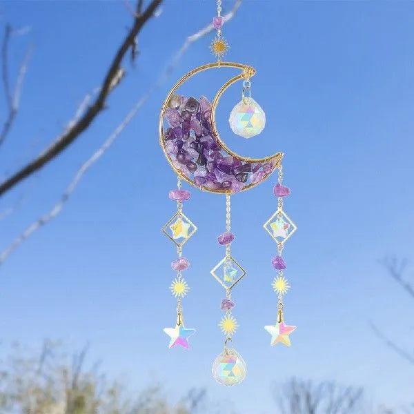 K9 crystal moon-shaped car pendant on a long cable for rear-view mirrors, shown in blue colour.