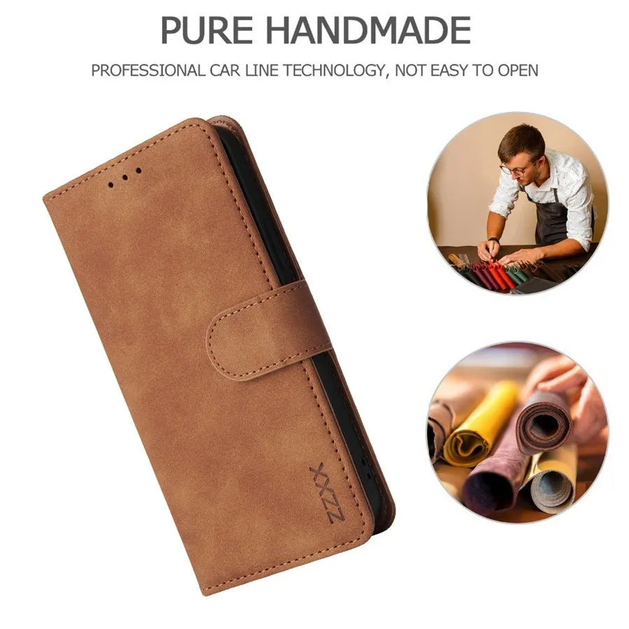 Flip case wallet card holder for iPhone 15 in brown with card slots and stand open