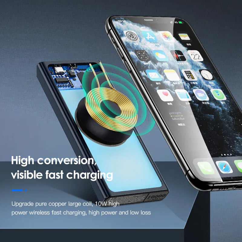 Black and blue square aluminium 10000mAh power bank with wireless charging function