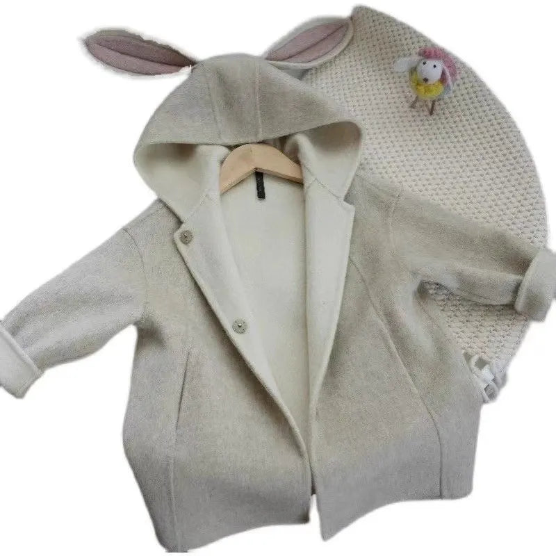 Children's autumn winter beige woolen coat with rabbit ear collar long sleeve mid-length polyester fibre