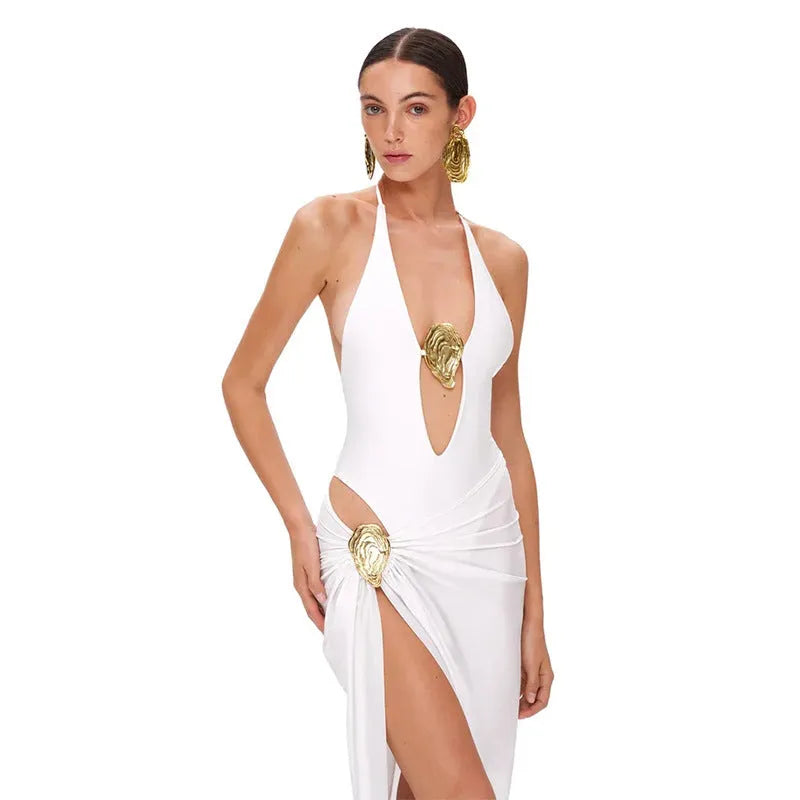 Plus size deep V-neck backless one-piece swimsuit with matching skirt in white or black, sizes S M L