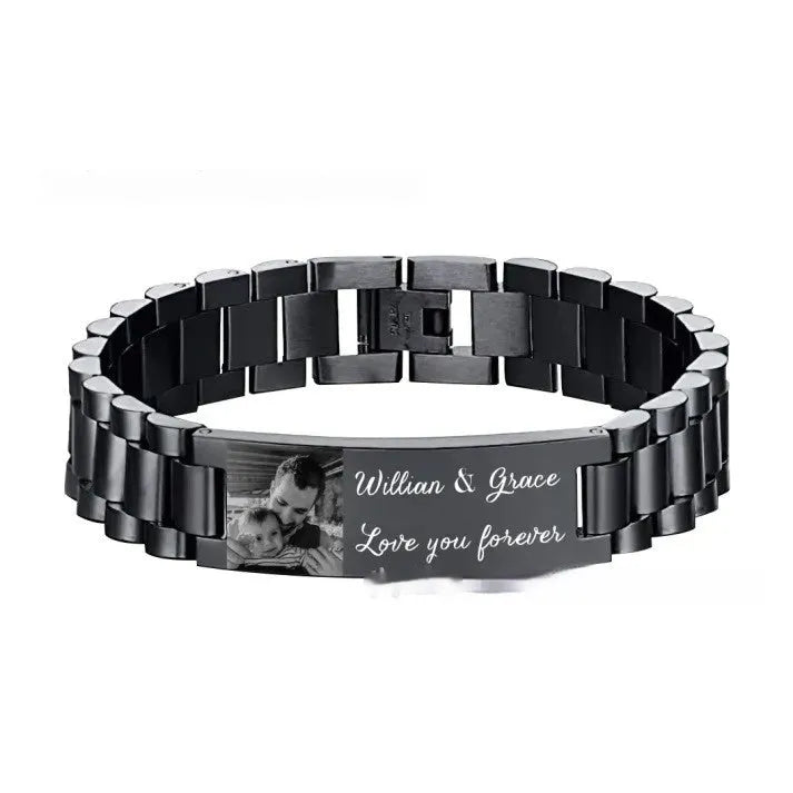 Men's titanium steel lettering bracelet with curved heart shape in black or grey lettering options