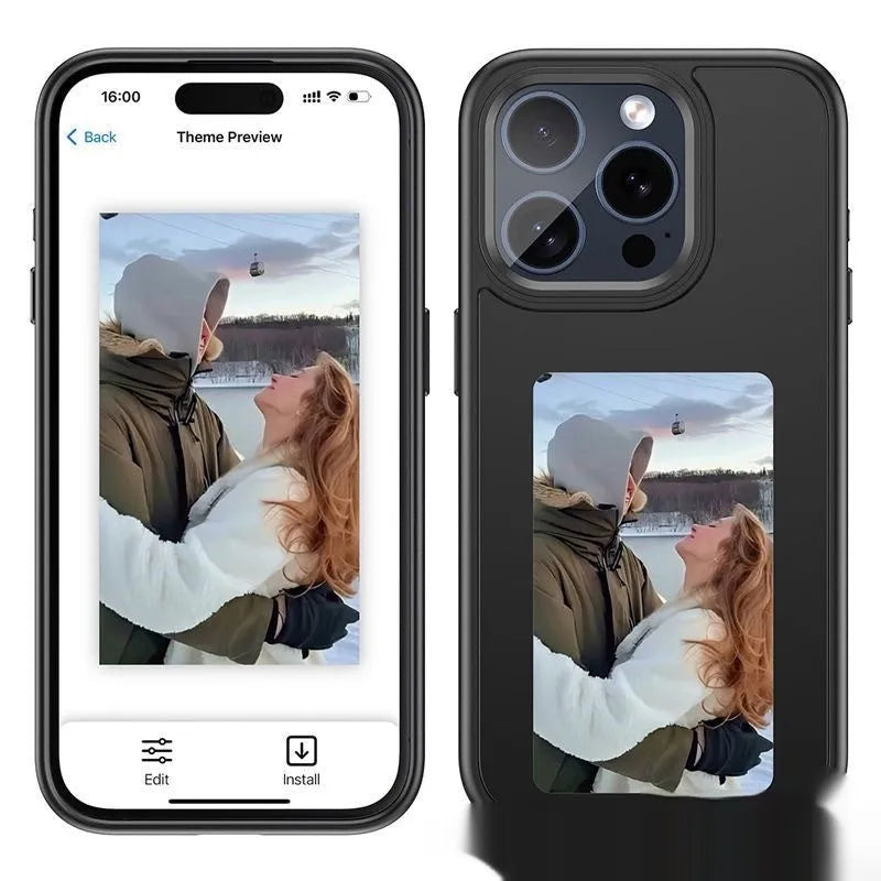 Black smart NFC phone case with four-colour e-ink screen and 3D relief texture for iPhone 11-16 series
