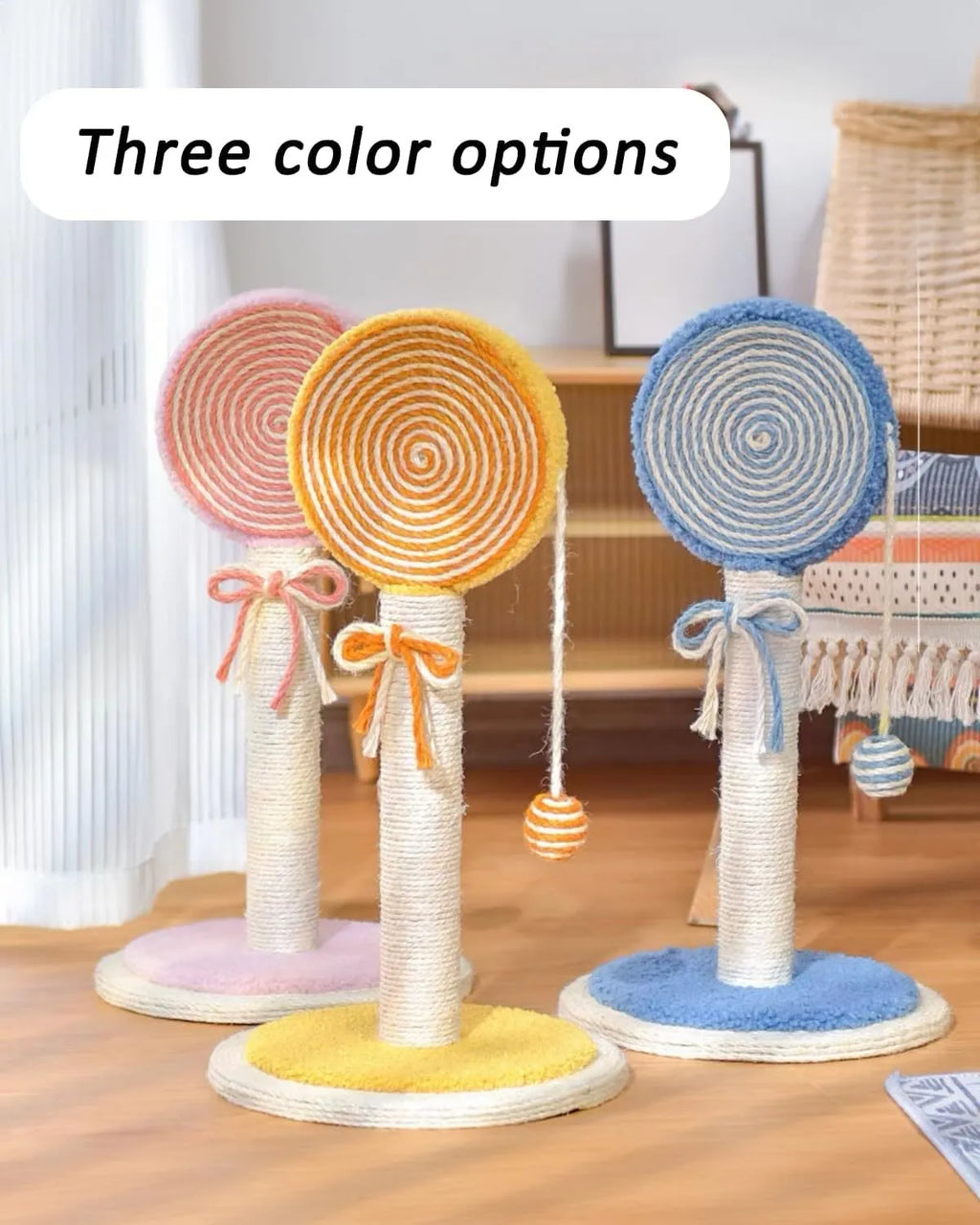 Natural sisal cat scratching post with hanging ball in blue, orange, and pink colour options