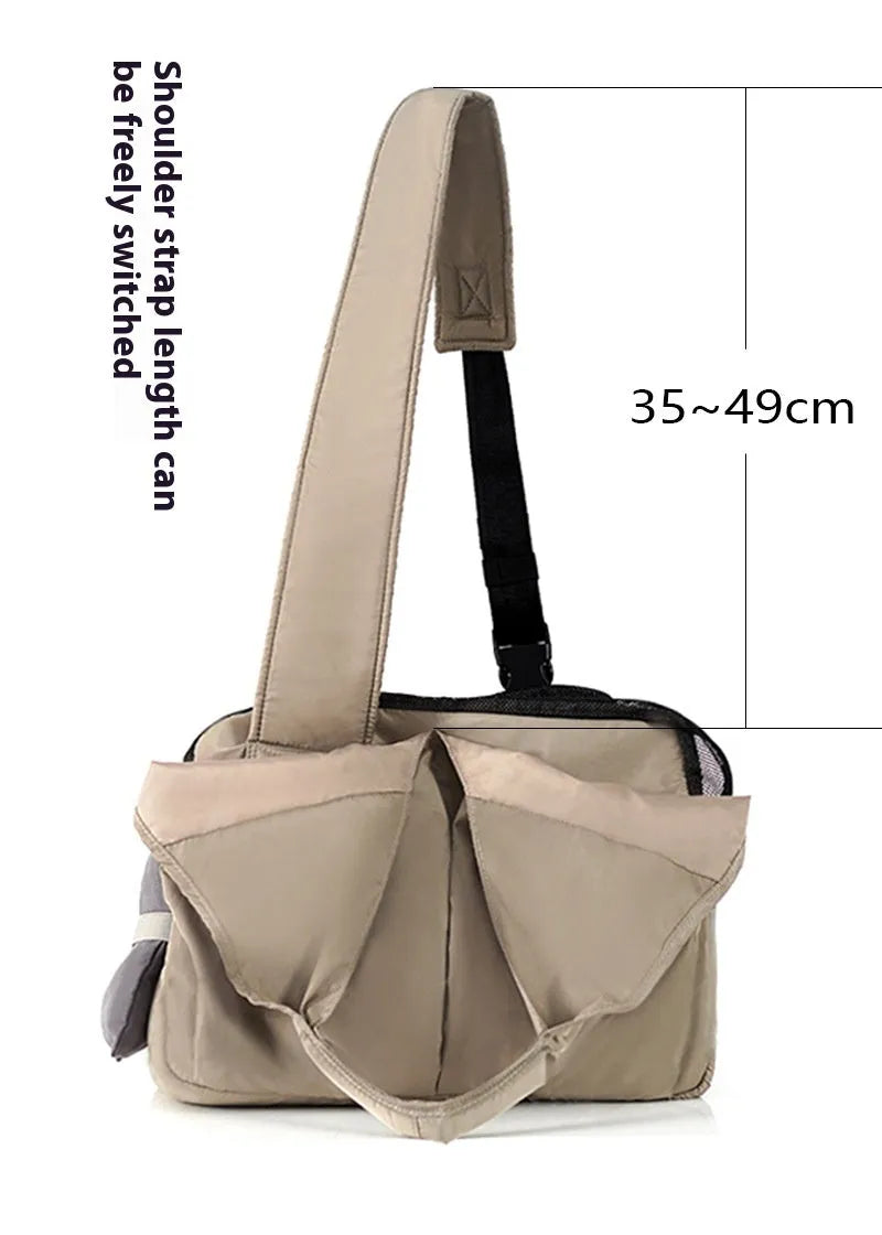 Apricot coloured cloth pet carrier handbag showing portable size.