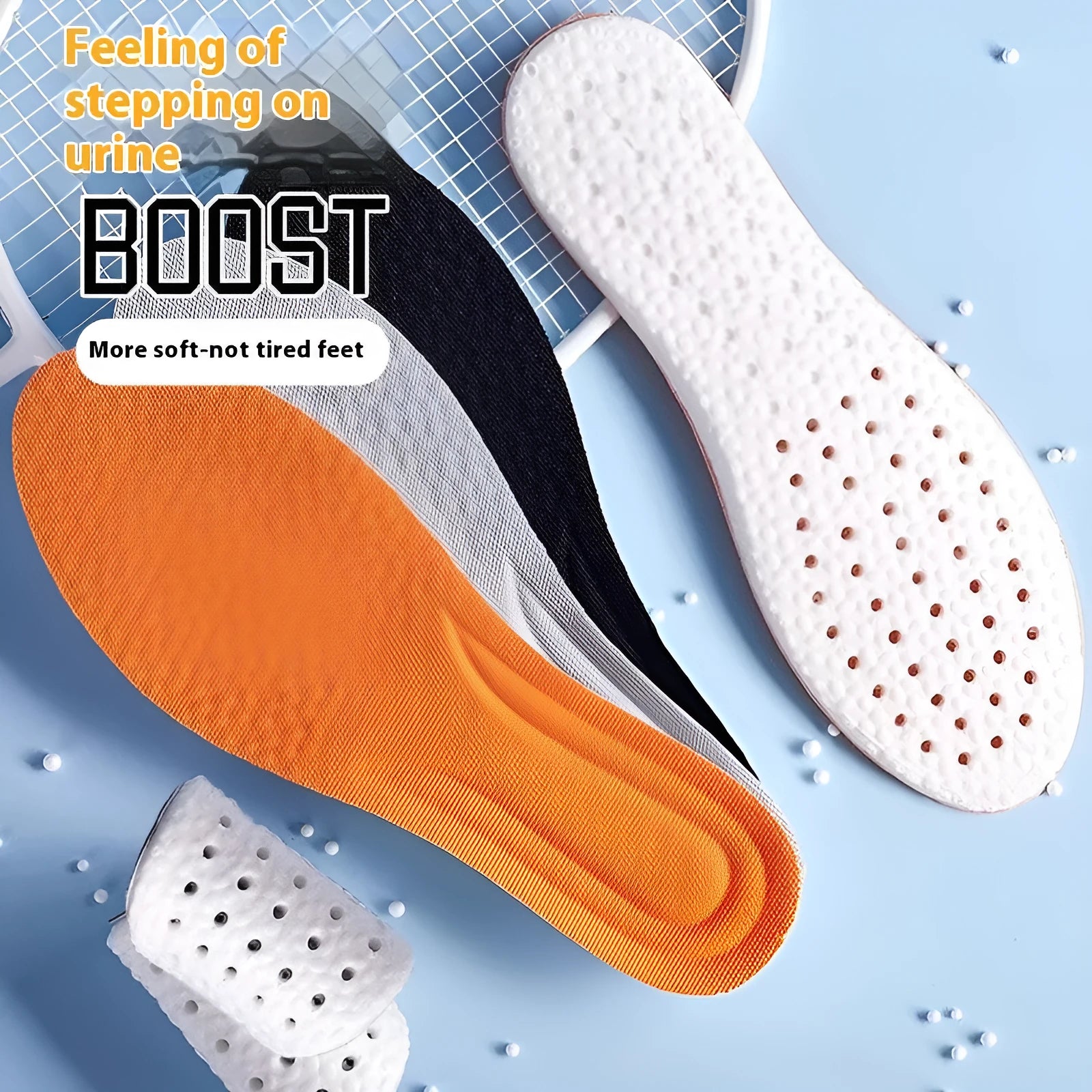 Breathable PU sports insoles in grey, black or orange colours with trimmable design for size customisation