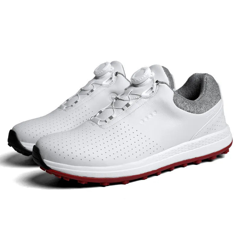 Men's white and black breathable golf shoes with non-slip broken nail sole and round toe.