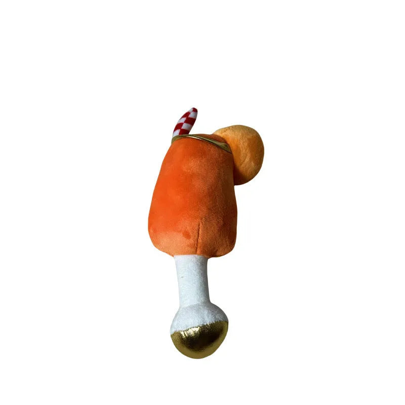Yellow plush beer bottle squeaky dog toy for interactive play and teeth cleaning.