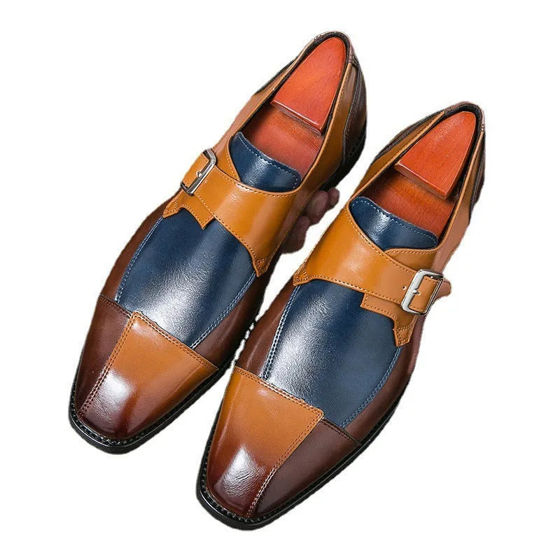 Men's brown blue and black retro buckle leather shoes with tall crown design