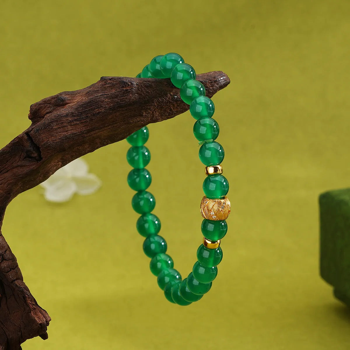 Green agate and sterling silver bracelet with 6mm geometric beads and yellow gold finish