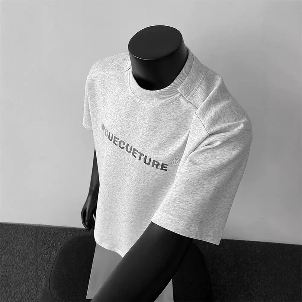 Men's pure cotton short sleeve t-shirt with letter pattern in loose fit, shown in light grey.