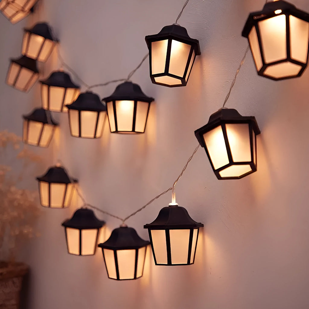 Warm white LED lighting chain with retro lantern style, shown in lengths from 1 m to 6.5 m for garden and villa decoration