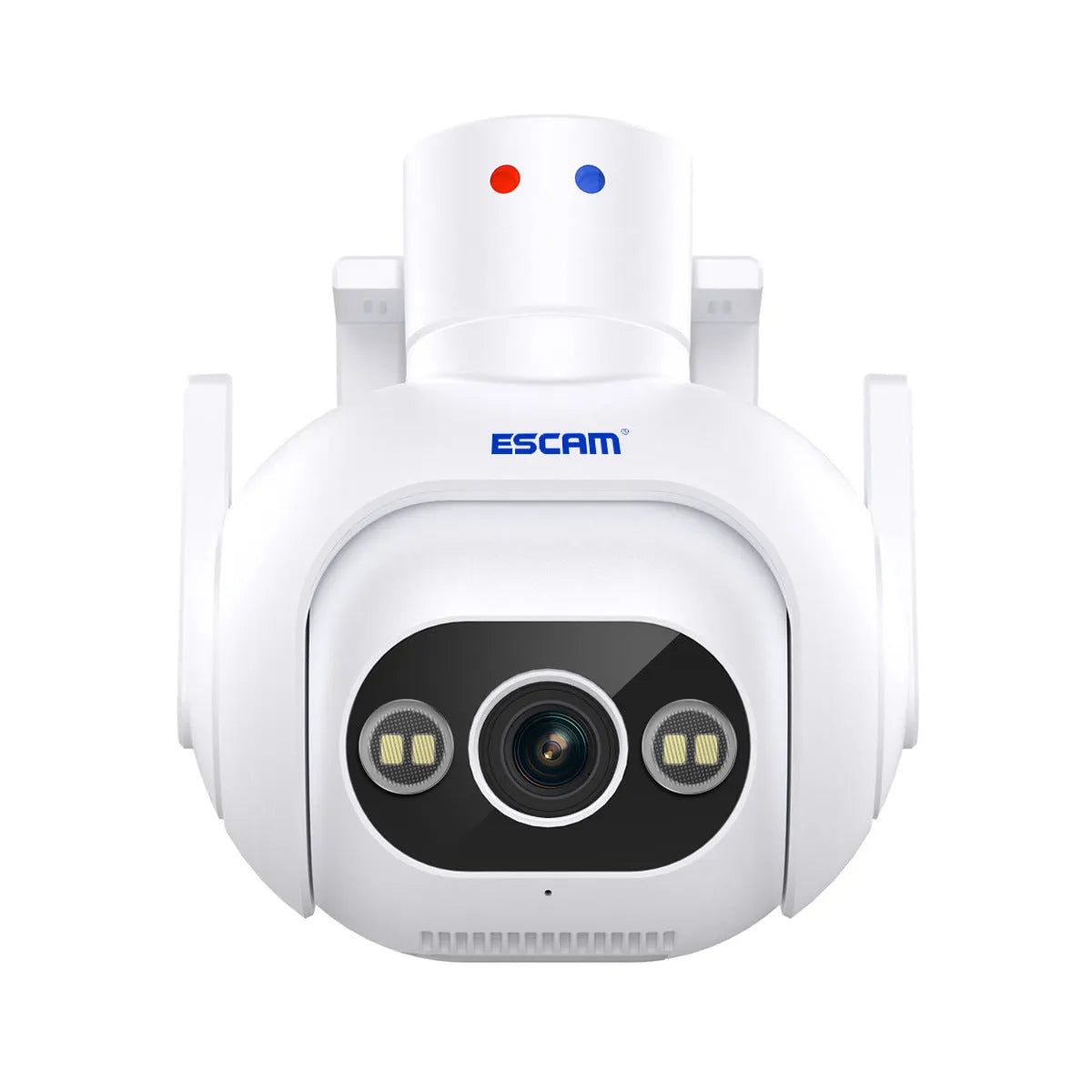 White plastic smart security camera with lens and wall mount bracket