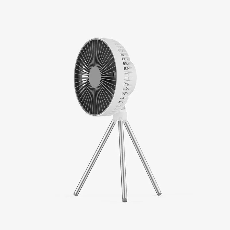 Grey tripod camping fan with LED light, hanging from a tent ceiling, showing metal grille and ABS body