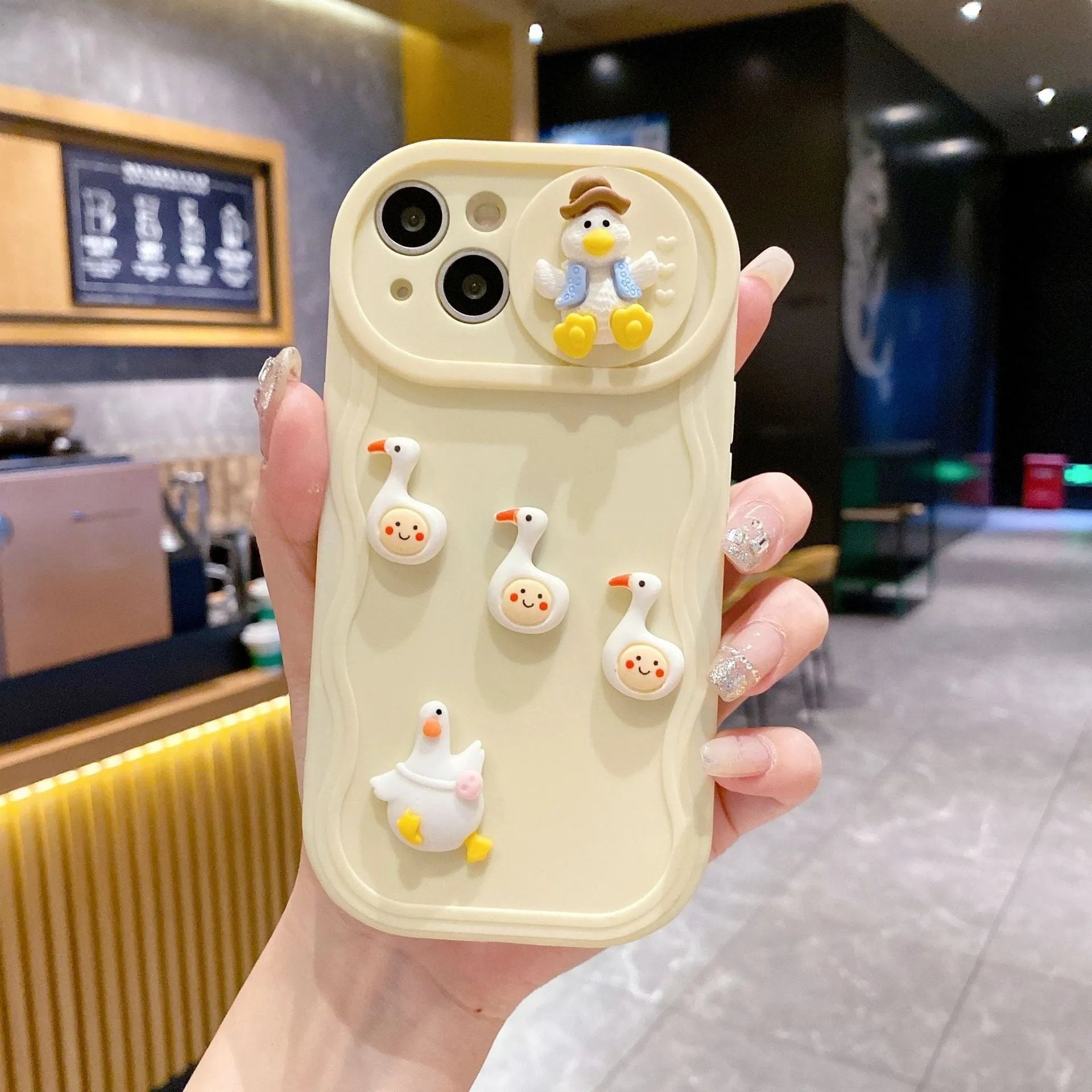 Wave sliding window cartoon three-dimensional duck soft protective cover for Apple iPhone, beige duck colour