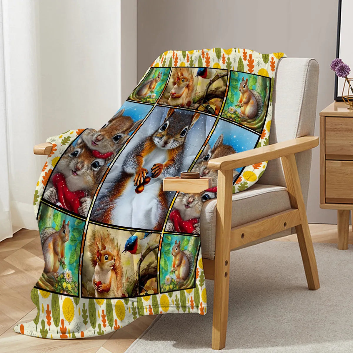 Soft flannel white bellied squirrel printed throw blanket on a sofa, yellow colour, hemmed edges