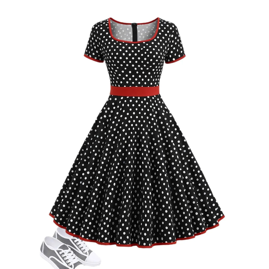 Women's multicolour polka dot midi dress with a square collar, short sleeves, and a front zipper.
