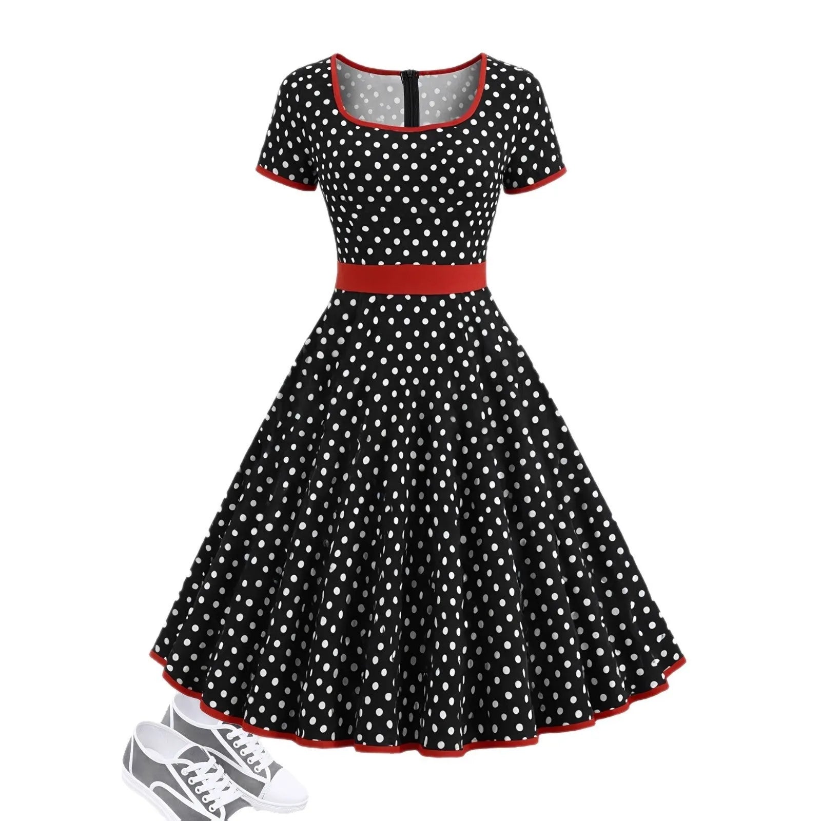 Women's multicolour polka dot midi dress with a square collar, short sleeves, and a front zipper.