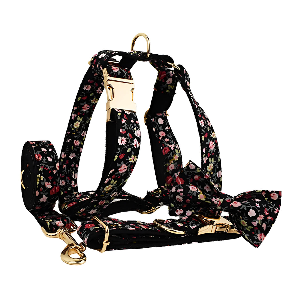 Removable bow lettering printed on a cloth dog collar, with matching leash, bow, and vest set.
