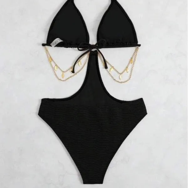 Women's black bikini with chain detail, sleeveless two-piece swimsuit