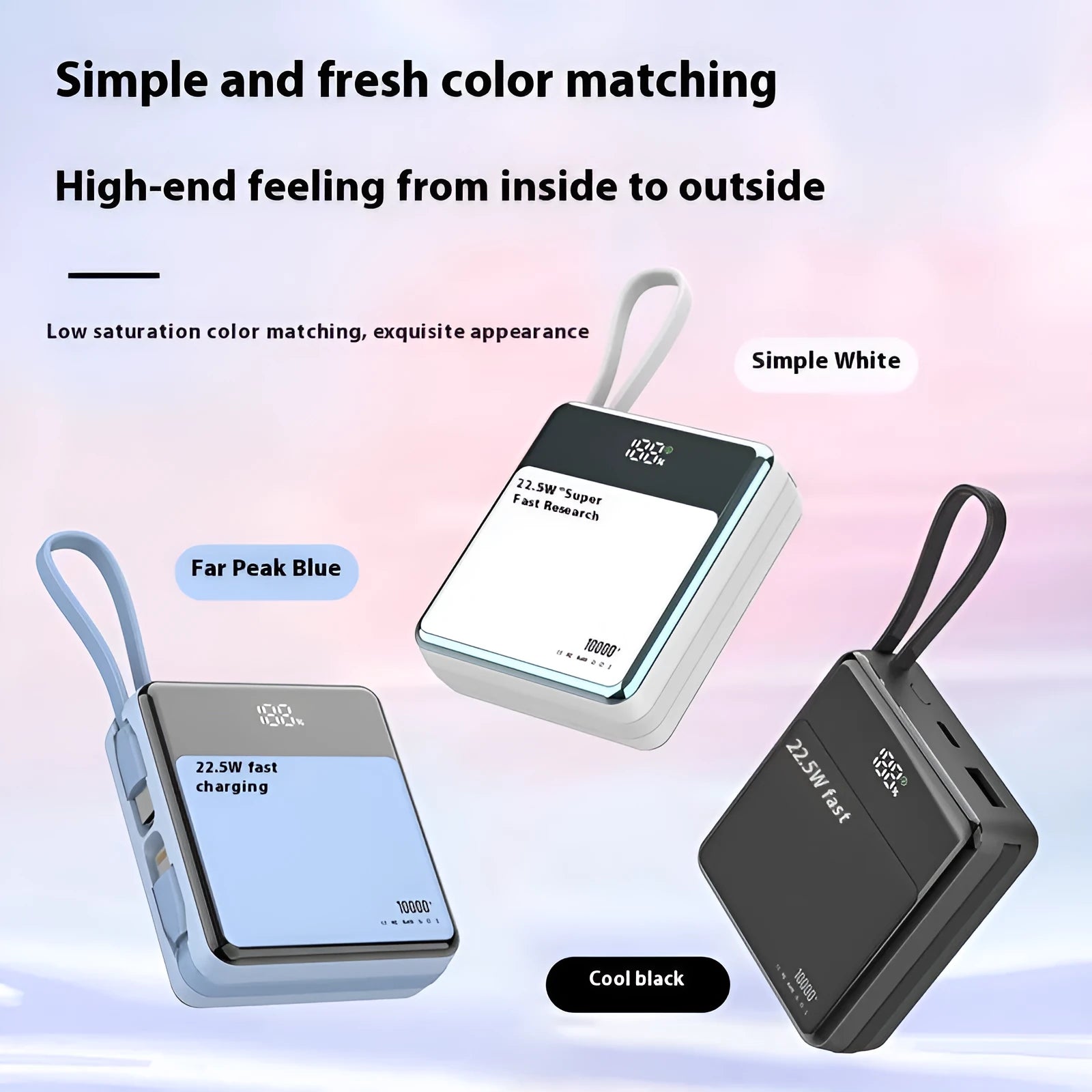 Super fast charge plastic power bank 10000mAh with built-in cable in black colour
