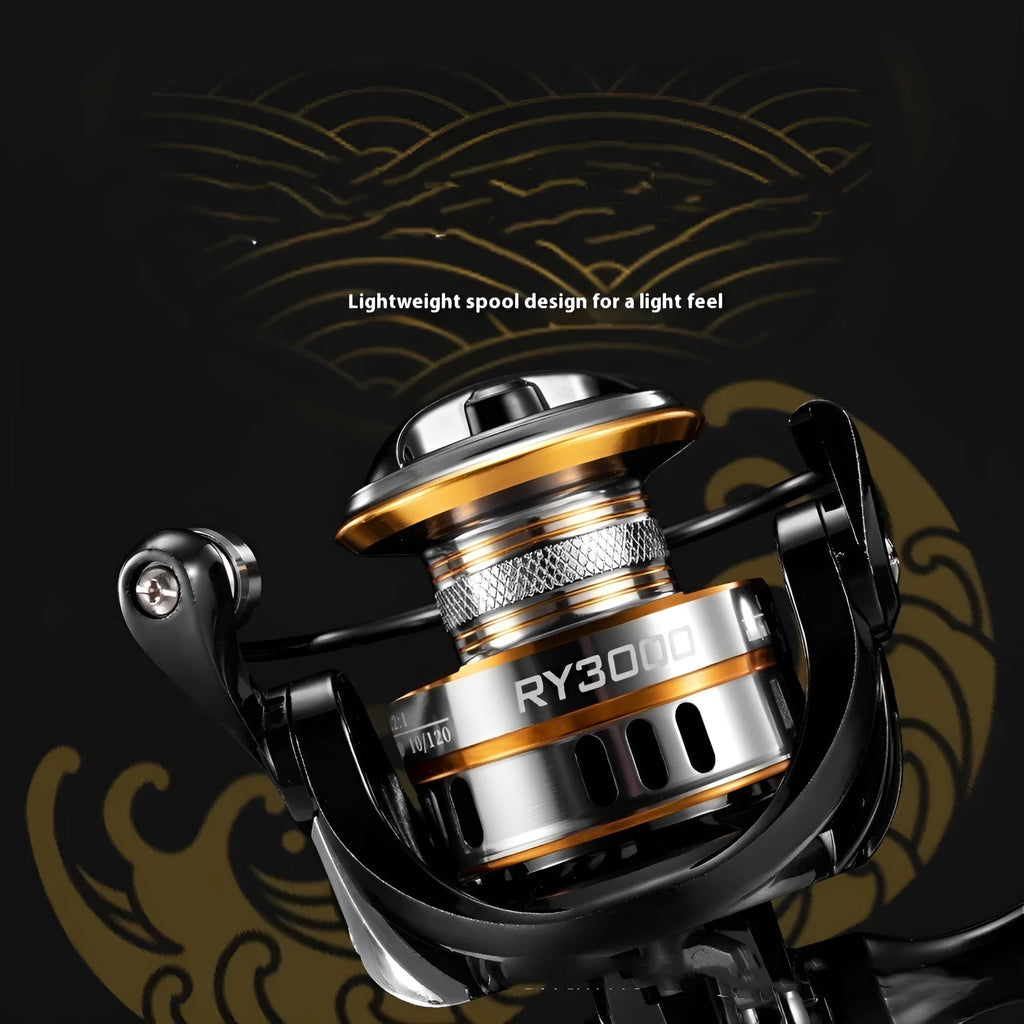 All-metal spinning fishing reel with EVA grip handle showing no-gap design for lure fishing