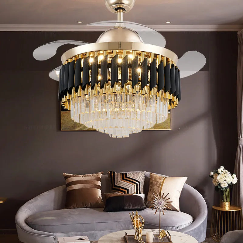 Crystal chandelier style ceiling fan with light and remote control on white ceiling.