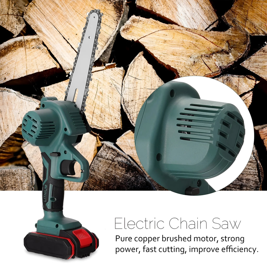 Green cordless mini electric chainsaw held in one hand, showing 4 inch guide bar and compact body.
