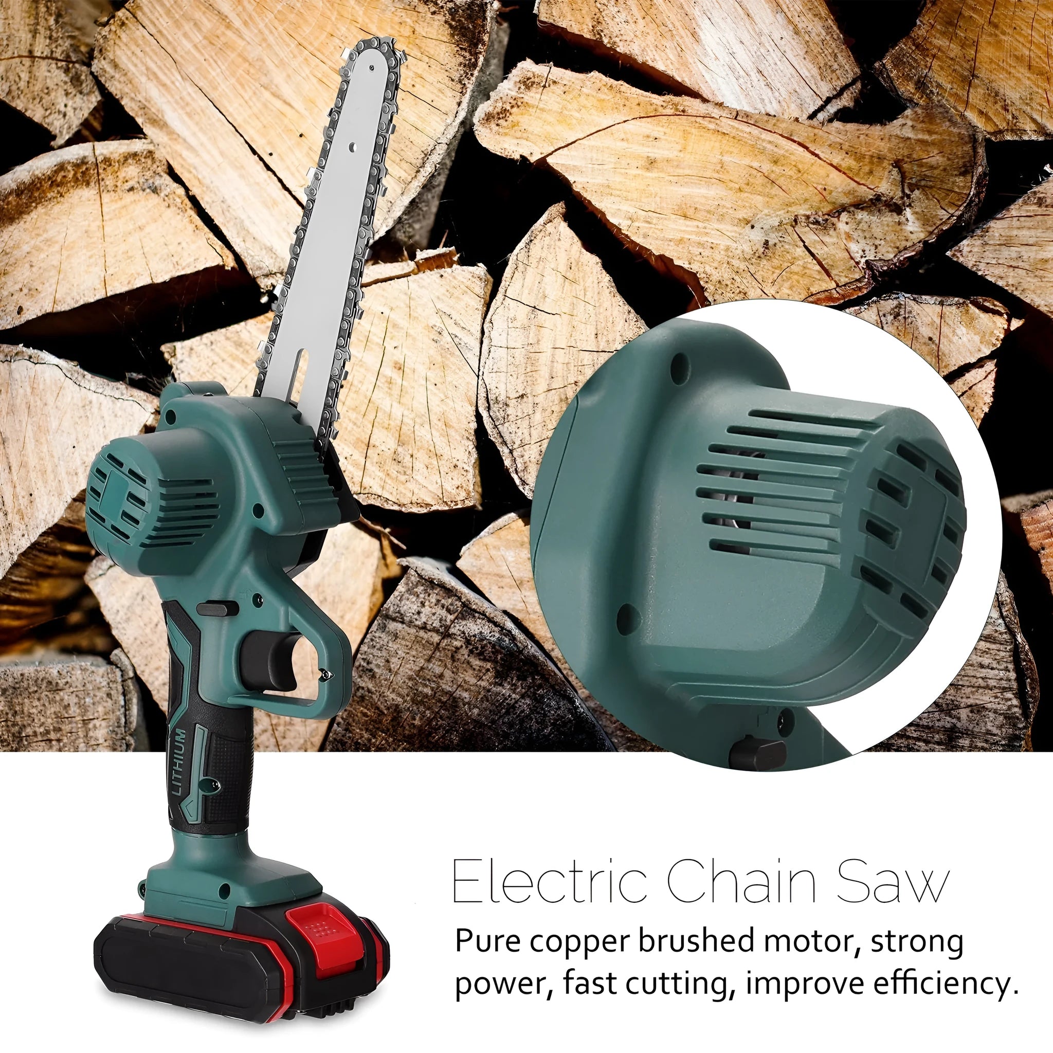 Green cordless mini electric chainsaw held in one hand, showing 4 inch guide bar and compact body.