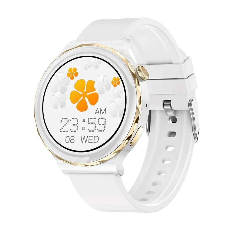 HW52 smart watch with zinc alloy round dial, IPS touch screen, shown in Black Gold, Platinum or White