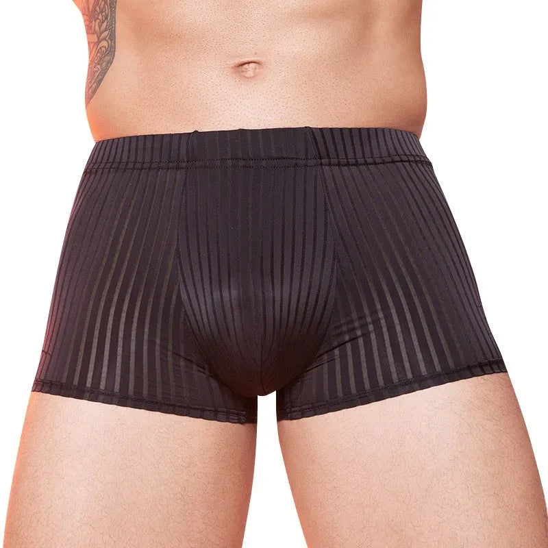 Men's black striped nylon underwear, thin and lightweight briefs laid flat.