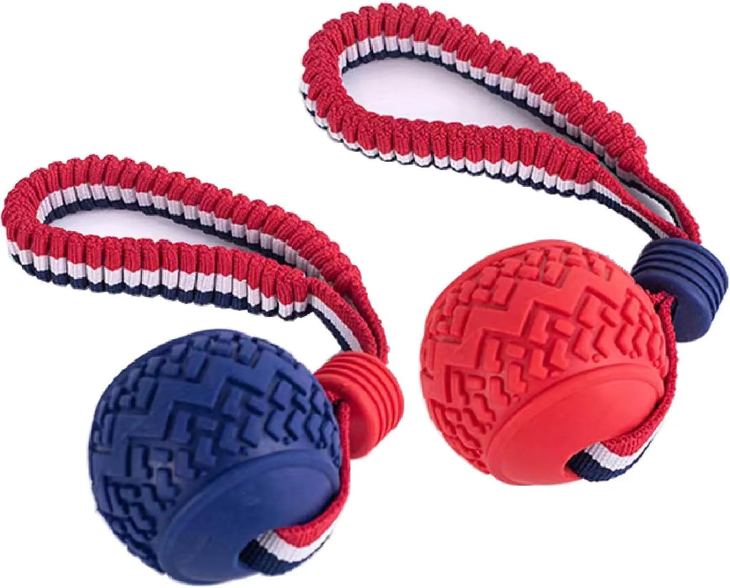Blue dog ball with rope toy showing textured rubber surface and rope attachment
