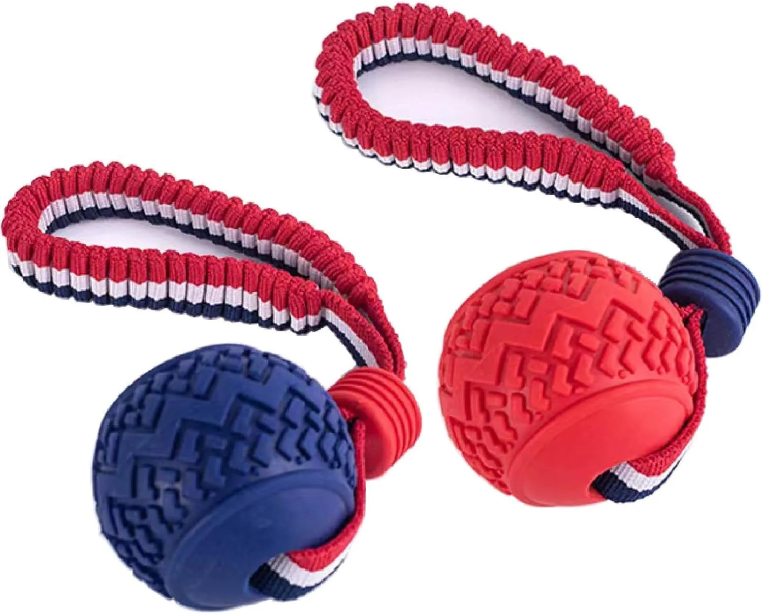 Blue dog ball with rope toy showing textured rubber surface and rope attachment