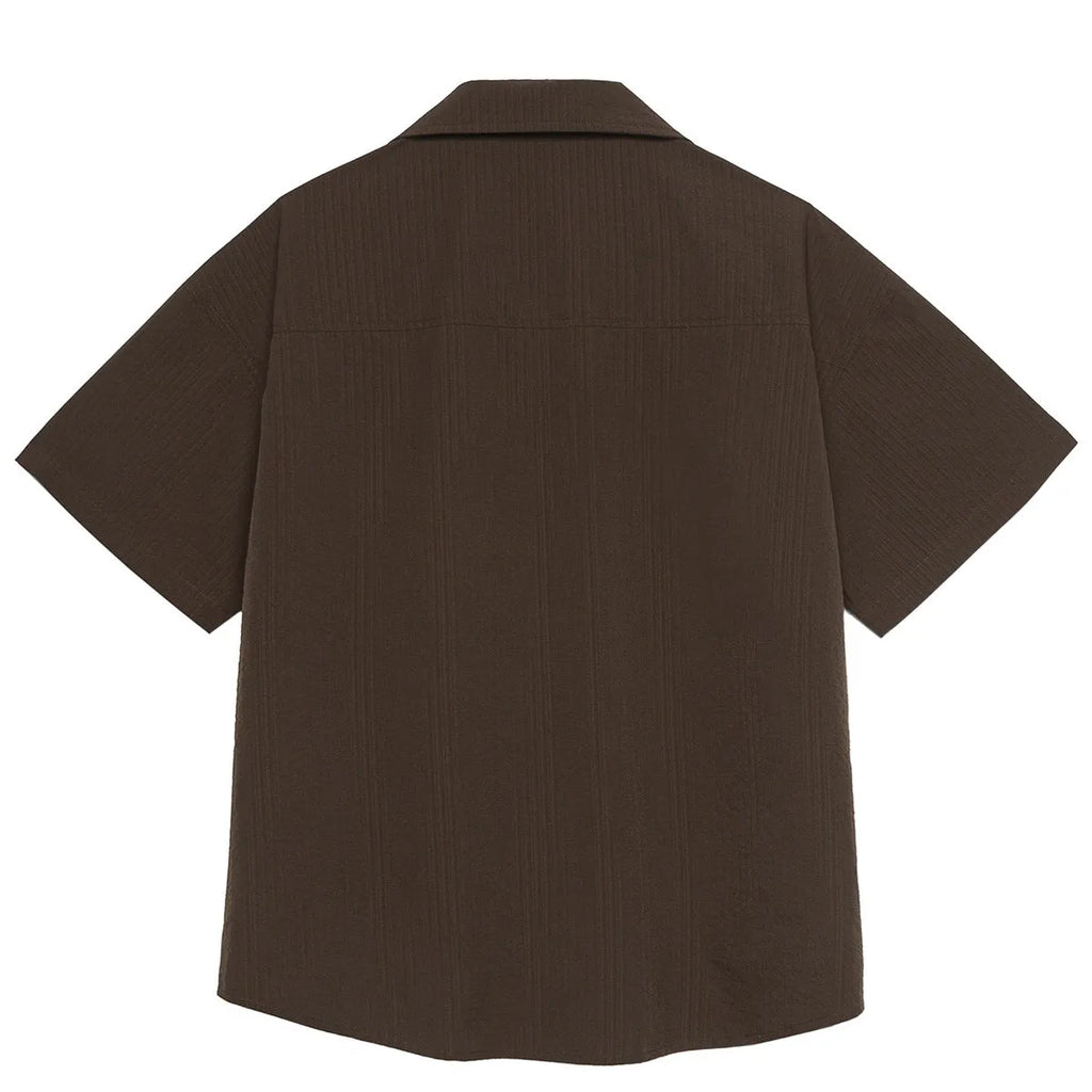 Men's brown striped quick-drying outdoor shirt with Cuban collar for hiking and camping