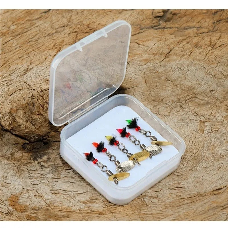 Five bionic mosquito fishing hooks with spinning sequins in multicolour patterns