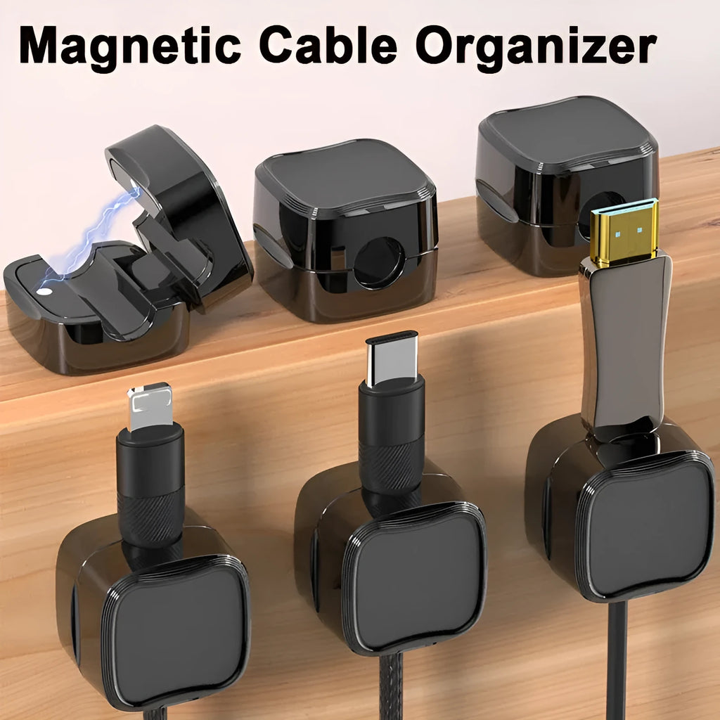 White and black magnetic under-desk cable clips organising various cables with adhesive backing