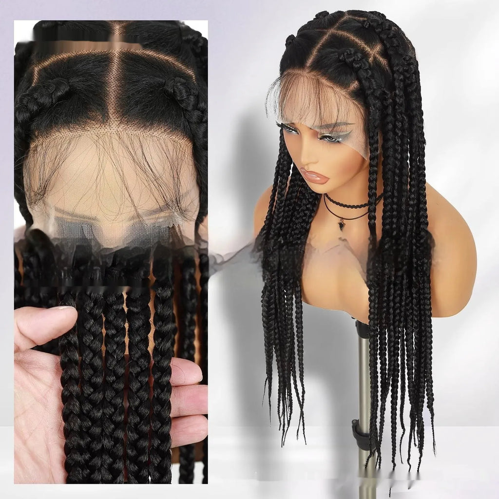 Hand-woven full lace synthetic fiber three-strand braid wig cap, 36 inch length, colour 1B natural black