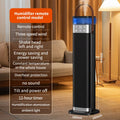 Slender vertical ceramic heater with humidifier and voice control, shown with remote.