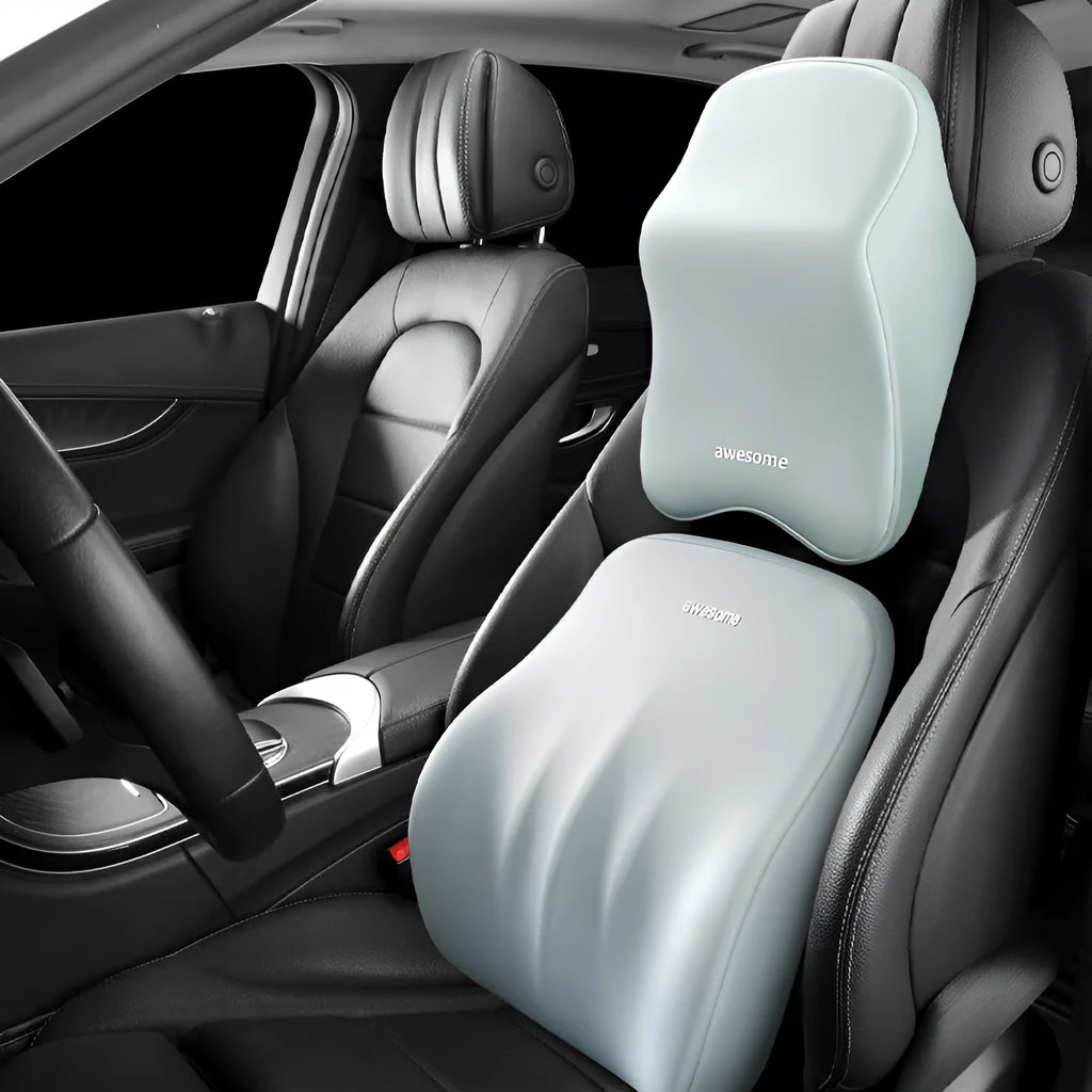 Geometric pattern car lumbar pillow and headrest cushion set in grey colour.