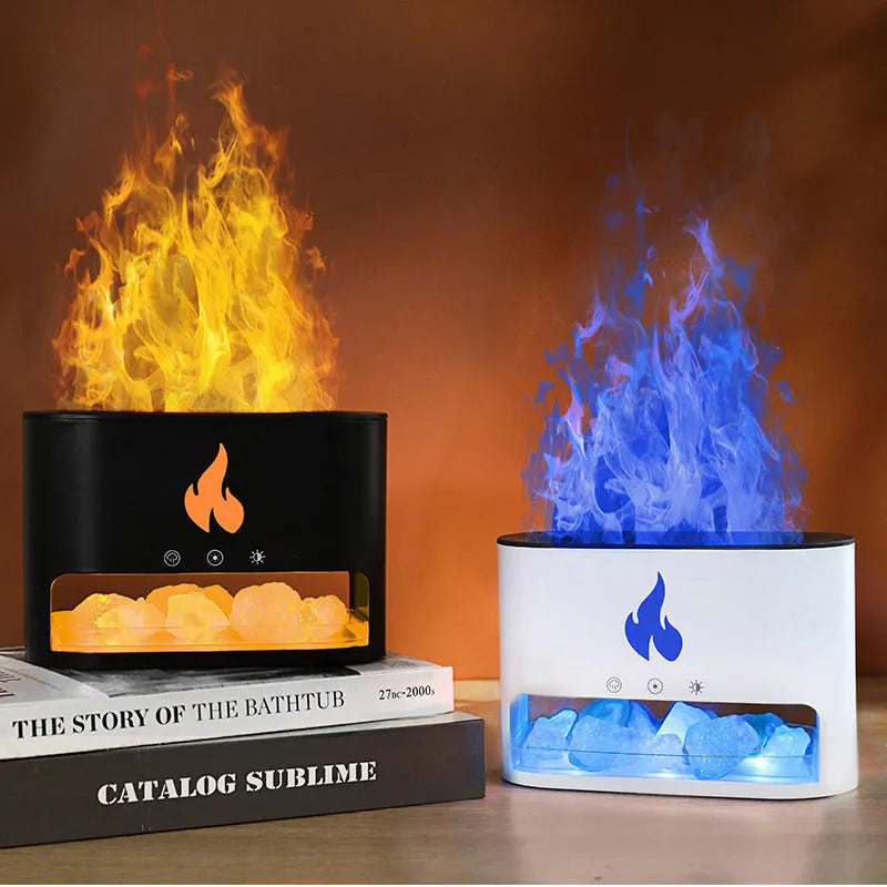 Square white flame humidifier with aromatherapy diffuser and colourful simulation flame on a desktop.